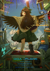 Rule 34 | 1girl, absurdres, ashes, bird wings, bow, brown hair, building, cape, cityscape, cloud, commentary, concrete, creatures (company), day, destruction, display, ekaapetto, energy tank, english text, from behind, full body, game freak, gen 1 pokemon, green bow, green skirt, hair bow, hand cannon, hand up, highres, long hair, looking at viewer, looking back, magnemite, making-of available, mega man (series), monster, nintendo, open mouth, platform, pokemon, red eyes, red footwear, reiuji utsuho, shoes, sign, skirt, socks, solo focus, touhou, warning sign, white cape, white legwear, wings, wire