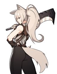 Rule 34 | 1girl, absurdres, animal ears, ass, black pants, blue eyes, blunt bangs, closed mouth, commission, distr, from behind, grey hair, grey shirt, hand on own hip, highres, holding, holding sword, holding weapon, looking at viewer, looking back, original, pants, shirt, simple background, solo, standing, sword, tail, weapon, white background