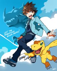 Rule 34 | 10s, 1boy, :d, agumon, aqua necktie, artist name, black eyes, blue footwear, blue jacket, blue pants, brown hair, buttons, claws, digimon, digimon (creature), digimon adventure tri., english text, full body, green eyes, jacket, long sleeves, looking at viewer, necktie, open mouth, pants, round teeth, sei (seiryuuden), sharp teeth, shoes, smile, sneakers, teeth, unbuttoned, wing collar, yagami taichi