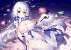 Rule 34 | 1girl, ahoge, azur lane, blue eyes, blunt bangs, breasts, china dress, chinese clothes, cleavage, dress, flower, folding fan, garter straps, hair ornament, hand fan, illustrious (azur lane), illustrious (maiden lily&#039;s radiance) (azur lane), large breasts, lily (flower), lily pad, long hair, low twintails, partially submerged, sidelocks, sitting, smile, thighhighs, tsukimi (xiaohuasan), twintails, water, weibo watermark, white dress, white hair