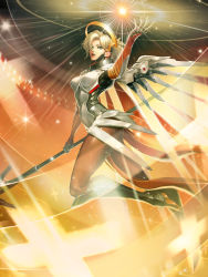 Rule 34 | 1girl, armor, armored boots, blonde hair, bodysuit, boots, breastplate, breasts, brown pantyhose, cross, energy ball, gloves, green eyes, halo, han seung lee, hand up, headgear, highres, holding, holding staff, image sample, knee boots, mechanical halo, mechanical wings, medium breasts, mercy (overwatch), overwatch, overwatch 1, pantyhose, parted lips, pelvic curtain, ponytail, runes, short hair, solo, staff, wings, yellow wings