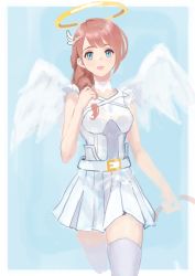 Rule 34 | 1girl, angel, belt, blue background, blue eyes, blush, border, braid, breasts, brown hair, choker, collarbone, corinna (world flipper), cowboy shot, feathered wings, female focus, frilled shirt, frills, grey thighhighs, hair ornament, hair over shoulder, hair tie, hairclip, halo, hand up, happy, holding, level9kaito, light blush, long hair, looking at viewer, medium breasts, miniskirt, official alternate costume, open mouth, outside border, pleated skirt, shirt, sidelocks, simple background, single braid, sketch, skirt, sleeveless, sleeveless shirt, smile, solo, standing, thighhighs, white border, white choker, white skirt, white wings, wings, world flipper, zettai ryouiki