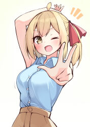 Rule 34 | 1girl, ;d, ahoge, arm up, bare arms, bare shoulders, blonde hair, blue shirt, breasts, brown background, brown eyes, brown skirt, collared shirt, commentary request, dress shirt, highres, looking at viewer, medium breasts, notice lines, ominaeshi (takenoko), one eye closed, open mouth, original, outstretched arm, shirt, sidelocks, simple background, skirt, sleeveless, sleeveless shirt, smile, solo, twintails, w