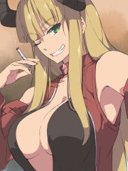 Rule 34 | 1girl, armpits, blonde hair, breasts, chiharu (9654784), cigarette, cleavage, copyright request, detached sleeves, fang, green eyes, grin, highres, holding, holding cigarette, horns, large breasts, long hair, looking at viewer, one eye closed, single horn, smile, smoking, solo