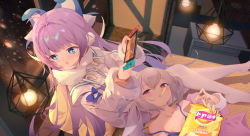 Rule 34 | 2girls, :o, :t, absurdres, ahoge, animal ears, areola slip, azur lane, beige sweater, blue eyes, ceiling light, chinese commentary, chips (food), coat, commentary request, dutch angle, earmuffs, fake animal ears, flat chest, food, food in mouth, from above, fur-trimmed coat, fur trim, hair between eyes, hair ribbon, heart, heart-shaped pupils, highres, indoors, jacket, laffey (azur lane), lap pillow, light purple hair, long hair, looking to the side, lying, multiple girls, nintendo switch, off shoulder, on back, open mouth, pantyhose, pillow, pink jacket, potato chips, pout, purple hair, red eyes, ribbon, sidelocks, sitting, somna, spaghetti strap, strap slip, symbol-shaped pupils, tank top, tashkent (azur lane), twintails, very long hair, white coat, white legwear