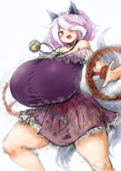 Rule 34 | 1girl, 2b-ge, animal ears, bare shoulders, breasts, dog ears, dress, female focus, gigantic breasts, highres, jewelry, mitsugashira enoko, necklace, purple dress, red eyes, short hair, solo, standing, tail, thick thighs, thighs, touhou, white background, white hair