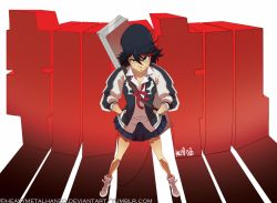 Rule 34 | 10s, 1girl, black hair, blue eyes, case, copyright name, full body, gradient background, hands in pockets, jacket, kill la kill, letterman jacket, looking at viewer, matoi ryuuko, metalhanzo, multicolored hair, raised eyebrow, shoes, short hair, skirt, sneakers, solo, two-tone hair