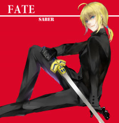 Rule 34 | 1girl, ahoge, artoria pendragon (all), artoria pendragon (fate), bad id, bad pixiv id, black gloves, blonde hair, excalibur (fate/stay night), fate/stay night, fate/zero, fate (series), formal, gloves, green eyes, long hair, necktie, pant suit, pants, ponytail, rixingyisha, saber (fate), solo, suit, sword, weapon