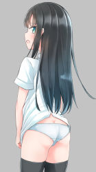 Rule 34 | 10s, 1girl, asashio (kancolle), ass, black hair, black thighhighs, blue eyes, comah, cowboy shot, from behind, kantai collection, long hair, looking back, panties, profile, short sleeves, simple background, solo, thighhighs, underwear, white panties