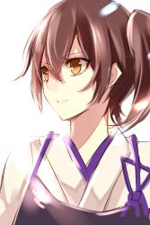 Rule 34 | &gt;:), 10s, aosaki yukina, bad id, bad twitter id, brown eyes, brown hair, japanese clothes, kaga (kancolle), kantai collection, looking away, muneate, one-hour drawing challenge, side ponytail, simple background, smile, solo, upper body, v-shaped eyebrows, white background