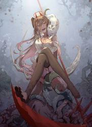 Rule 34 | 1girl, black pantyhose, blood, brain, breasts, brown hair, cat, chainsaw man, cleavage, crossed legs, gradient hair, guro, highres, holding, holding scythe, horns, large breasts, long hair, medium breasts, meowy (chainsaw man), multicolored hair, off shoulder, open mouth, pantyhose, pink hair, power (chainsaw man), puchu huang, scythe, sharp teeth, shirt, sitting, smile, teeth, tentacles, white shirt, yellow eyes