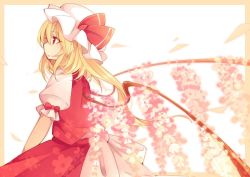 Rule 34 | 1girl, alternate wings, blonde hair, bow, cherry blossoms, closed mouth, flandre scarlet, from side, hat, hat ribbon, long hair, looking away, mob cap, profile, puffy short sleeves, puffy sleeves, red eyes, red ribbon, ribbon, short hair, short sleeves, side ponytail, skirt, skirt set, solo, tama (soon32281), touhou, wings
