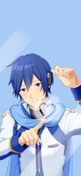 Rule 34 | 1boy, blue eyes, blue hair, blush, hand up, headset, heart, highres, jacket, kaito (vocaloid), looking at viewer, mirrored text, nail polish, nokuhashi, pointing, project diva (series), project sekai, scarf, shirt, smirk, vocaloid, zipper
