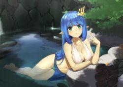 Rule 34 | 1girl, :t, arm rest, bare arms, bare legs, bare shoulders, barefoot, bikini, blue hair, blue sarong, boots, breasts, cleavage, closed mouth, collarbone, day, eating, elbow rest, full body, green eyes, hair ornament, halterneck, hand up, index finger raised, light blush, long hair, looking at viewer, lying, medium breasts, navel, on side, original, outdoors, partially submerged, pinta (ayashii bochi), plant, pointy ears, rock, sarong, solo, straight hair, swept bangs, swimsuit, twisted torso, unworn boots, water