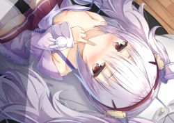 Rule 34 | 1boy, 1girl, animal ears, azur lane, blush, breasts, brown eyes, cleavage, collarbone, commander (azur lane), commentary request, fake animal ears, finger to mouth, flat chest, from above, hair between eyes, hairband, jacket, laffey (azur lane), long hair, looking at viewer, looking up, madotsukumo, military, military uniform, naval uniform, pleated skirt, pov, rabbit ears, silver hair, sitting, sitting on lap, sitting on person, skirt, thighhighs, uniform, upturned eyes, white thighhighs, wooden floor, zettai ryouiki