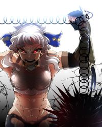 Rule 34 | 1girl, abs, armor, bare shoulders, breasts, elbow gloves, fate/grand order, fate (series), fingerless gloves, gloves, grey hair, hair ornament, midriff, muscular, open mouth, panties, penthesilea (fate), red eyes, short hair, underwear, weapon
