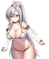 Rule 34 | 1girl, absurdres, asamura hiori, azur lane, bare shoulders, bikini, black choker, blush, bow, breasts, choker, cleavage, clenched hands, closed mouth, collarbone, commentary request, cowboy shot, detached sleeves, drake (azur lane), drake (the golden hind&#039;s respite) (azur lane), frown, grey hair, groin, hair between eyes, hair bow, high ponytail, highres, large breasts, long hair, looking at viewer, multi-strapped bikini, navel, official alternate costume, partial commentary, ponytail, redrawn, see-through, see-through sleeves, sidelocks, simple background, skindentation, solo, standing, stomach, swimsuit, thigh gap, underboob, very long hair, white background, white bikini, yellow eyes