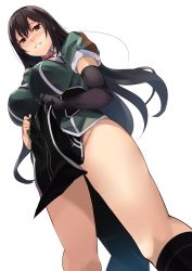 Rule 34 | 1girl, black eyes, black gloves, black thighhighs, breasts, brown hair, chikuma (kancolle), elbow gloves, endou (zettai bluenoid), gloves, highres, kantai collection, large breasts, long hair, long skirt, looking at viewer, pelvic curtain, puffy short sleeves, puffy sleeves, short sleeves, single elbow glove, skirt, smile, solo, thighhighs