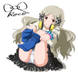 Rule 34 | 1girl, black bow, black skirt, blue pantyhose, bow, bracelet, character name, closed mouth, clothes pull, commentary request, crotch seam, frilled skirt, frills, from above, frown, grey hair, hair bow, handa roco, headphones, headphones around neck, idolmaster, idolmaster million live!, jewelry, lielos, long hair, looking at viewer, lying, miniskirt, on back, panties, pantyhose, pantyhose pull, pantyshot, polka dot, polka dot bow, shadow, shirt, short sleeves, signature, simple background, skirt, solo, thighs, underwear, white background, white panties, white shirt, yellow eyes