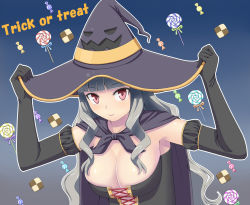 Rule 34 | 1girl, black gloves, blush, breasts, cape, cleavage, corset, elbow gloves, food, gloves, halloween, hat, idolmaster, idolmaster (classic), red eyes, shijou takane, shougi (116), silver hair, smile, solo, sweets, trick or treat, witch hat