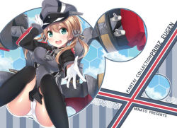 Rule 34 | 10s, 1girl, anchor hair ornament, ass, blonde hair, breasts, cannon, gloves, green eyes, hair ornament, hat, kantai collection, machinery, medium breasts, military, military uniform, mitsuki yuu, open mouth, panties, peaked cap, pleated skirt, prinz eugen (kancolle), skirt, solo, striped, striped background, turret, twintails, underwear, uniform, white panties