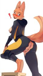 Rule 34 | !, 1girl, :3, absurdres, animal ear fluff, animal ears, animal feet, animal nose, anus, ass, belt, blush, body fur, bodysuit, breasts, breasts out, clitoral hood, clitoris, clothing cutout, diane foxington, eyebrow piercing, female focus, fox ears, fox girl, fox tail, from behind, furry, furry female, green eyes, highres, hood, hood down, hooded bodysuit, looking back, looking down, medium breasts, multicolored bodysuit, multicolored clothes, nipples, nose blush, open mouth, orange fur, piercing, pussy, simple background, skindentation, snout, solo, standing, tail, tail raised, tail through clothes, teeth, the bad guys (film), torn bodysuit, torn clothes, two-tone fur, wardrobe malfunction, white background, wooden box, yukkoo