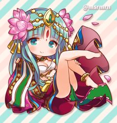 Rule 34 | 1girl, anklet, bad id, bad pixiv id, bare legs, barefoot, blue eyes, blue hair, blunt bangs, chibi, circlet, diagonal stripes, flower, hair flower, hair ornament, jewelry, lying, mashiro miru, matching hair/eyes, on back, parvati (p&amp;d), petals, puzzle &amp; dragons, smile, solo, striped, striped background, twitter username