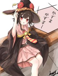 Rule 34 | 1girl, :o, absurdres, adjusting clothes, adjusting headwear, artist name, black cape, blush, brown hair, cape, cloak, commentary, dress, farat0827, hat, highres, kono subarashii sekai ni shukufuku wo!, looking at viewer, megumin, open mouth, pink dress, red dress, red eyes, revision, school uniform, short hair with long locks, signature, sitting, solo, speech bubble, tile floor, tiles, translated, witch hat