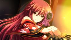 Rule 34 | 1girl, ahoge, closed mouth, hand fan, female focus, game cg, hair ornament, huge ahoge, japanese clothes, long hair, looking at viewer, oda nobunaga (sengoku hime), red eyes, red hair, sengoku hime, sengoku hime 4, smile, solo, traditional clothes