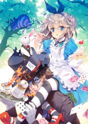 Rule 34 | 1boy, 1girl, ace (playing card), ace of spades, alice (alice in wonderland), anger vein, animal, apron, bad id, bad pixiv id, black hat, black jacket, blue dress, blue eyes, blue ribbon, blush, brown hair, cake, cake slice, card, carrying, cat, cheshire cat (alice in wonderland), clothed animal, collared shirt, commentary request, cup, diamond (shape), dress, food, food on face, fork, frilled apron, frills, fruit, gloves, hair between eyes, hair ribbon, hat, holding, holding fork, holding plate, jacket, light brown hair, long hair, mad hatter (alice in wonderland), maid apron, mary janes, original, oswald musashi, pantyhose, parted lips, plate, playing card, puffy short sleeves, puffy sleeves, red footwear, ribbon, saucer, shirt, shoes, short sleeves, shoulder carry, sleeveless, sleeveless jacket, sleeveless shirt, spade (shape), strawberry, striped clothes, striped pantyhose, tea, teacup, teapot, top hat, torn clothes, torn hat, tray, two side up, white apron, white gloves, white rabbit (alice in wonderland), white shirt