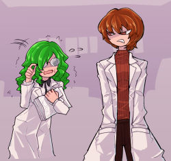 Rule 34 | 2girls, angry, clenched teeth, collared coat, collared shirt, curly hair, glasses, green eyes, hands in pockets, holding, holding paper, kimi ga shine, lab coat, long sleeves, looking at another, michita 22, multiple girls, nervous, open mouth, paper, shaking, shirt, short hair, simple background, hoemii, sweatdrop, sweater, teeth, hannakii, trembling, turtleneck, turtleneck sweater
