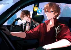 Rule 34 | 2boys, aelouses, ahoge, antenna hair, arms up, black gloves, black jacket, blue eyes, blue sky, brown hair, brown vest, building, buttons, car, city, closed mouth, cloud, cloudy sky, collarbone, collared jacket, collared shirt, crystal, crystal earrings, earrings, genshin impact, gloves, gradient hair, hair between eyes, hand on own face, hand up, handlebar, hands up, highres, jacket, jewelry, long hair, long sleeves, looking at another, looking at viewer, male focus, motor vehicle, multicolored hair, multiple boys, no headwear, open clothes, open jacket, orange hair, pink shirt, ponytail, red shirt, shirt, short hair, sidelocks, single earring, sitting, sky, skyscraper, sleeves rolled up, smile, tartaglia (genshin impact), tassel, tassel earrings, vest, vision (genshin impact), wing collar, yellow eyes, zhongli (genshin impact)