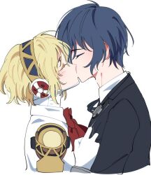 Rule 34 | 1boy, 1girl, aegis (persona), android, black jacket, black ribbon, blonde hair, blue hair, blush, bow, bowtie, closed eyes, commentary request, detached collar, elulit2, from side, gekkoukan high school uniform, hairband, headphones, height difference, hetero, jacket, kiss, korean commentary, neck ribbon, persona, persona 3, profile, red bow, red bowtie, ribbon, robot ears, school uniform, shirt, short hair, simple background, uniform, white background, white shirt, yuuki makoto (persona 3)