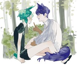 Rule 34 | 2others, absurdres, androgynous, animal ears, aqua eyes, aqua hair, belt, between legs, black shirt, blue eyes, blue hair, blunt bangs, bowl cut, bush, collared shirt, colored eyelashes, dual persona, forest, from side, gem uniform (houseki no kuni), gold, golden arms, hand on ground, high collar, highres, houseki no kuni, index finger raised, leaf, loafers, moon uniform (houseki no kuni), multiple others, nature, necktie, other focus, outdoors, parted bangs, phosphophyllite, phosphophyllite (ll), profile, puffy short sleeves, puffy sleeves, rabbit ears, rabbit tail, shirt, shoes, short hair, short jumpsuit, short shorts, short sleeves, shorts, sidelocks, sitting, smile, straight hair, surprised, tail, time paradox, tree, white belt, white shirt, white uniform, wide sleeves, zjpf7435