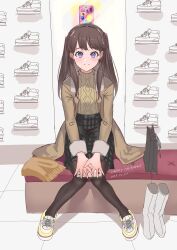 Rule 34 | 1girl, bag, black skirt, brown coat, brown hair, brown pantyhose, cellphone, coat, fujishima megumi, full body, fur-trimmed coat, fur-trimmed sleeves, fur trim, high-waist skirt, highres, knees together feet apart, link! like! love live!, love live!, on bench, open clothes, open coat, pantyhose, phone, plaid, plaid skirt, purple eyes, shoes, shop, shopping bag, sidelocks, sitting, skirt, smartphone, solo, ssyunn, sweater, turtleneck, turtleneck sweater, two side up, yellow sweater