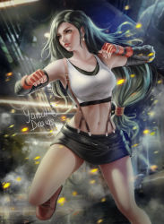 Rule 34 | 1girl, absurdres, black hair, black skirt, black sleeves, boots, breasts, brown eyes, brown footwear, clenched hand, collarbone, commentary, detached sleeves, earrings, english commentary, fighting stance, final fantasy, final fantasy vii, fingerless gloves, gloves, highres, jewelry, large breasts, leg up, long hair, low-tied long hair, miniskirt, red gloves, shirt, signature, skirt, solo, square enix, tank top, tifa lockhart, white shirt, yanaidraws