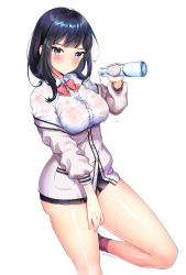Rule 34 | 1girl, bad id, bad pixiv id, black hair, black skirt, blue eyes, blush, bottle, bow, bowtie, breasts, buttons, cardigan, collared shirt, dress shirt, gridman universe, highres, holding, leg up, long hair, looking at viewer, medium breasts, melo (meromero), microskirt, pink bow, pink bowtie, pleated skirt, pouring, pouring onto self, shirt, simple background, skirt, sleeves past elbows, solo, ssss.gridman, takarada rikka, thighhighs, thighs, water bottle, wet, wet clothes, wet shirt, white background, white cardigan, white shirt