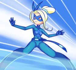 Rule 34 | 1girl, belt, blonde hair, blue background, blue belt, blue bodysuit, blue bow, blue gloves, blue mask, blue ribbon, bodysuit, bow, breasts, creatures (company), drantyno, game freak, gen 4 pokemon, glaceon, gloves, hair bun, hair ribbon, mask, nintendo, personification, pokemon, ribbon, small breasts, smile, standing, superhero costume, yellow eyes