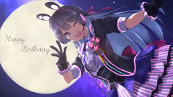 Rule 34 | 1girl, animal ears, black gloves, black hair, black shirt, blue eyes, blush, brooch, commentary, dutch angle, frills, gloves, grey skirt, hair ornament, hairclip, happy birthday, headset, highres, hoppege, jewelry, long hair, looking at viewer, moon, night, nijisanji, official alternate costume, one eye closed, open mouth, outdoors, rabbit ears, shirt, short sleeves, skirt, smile, solo, tsukino mito, tsukino mito (13th costume), virtual youtuber