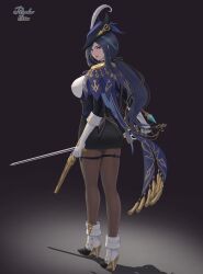 Rule 34 | 1girl, absurdres, black background, black skirt, blue hair, breasts, brown pantyhose, clorinde (genshin impact), commentary, crossed legs, full body, genshin impact, gloves, gun, handgun, hat feather, high heels, highres, holding, holding gun, holding sword, holding weapon, large breasts, long hair, looking at viewer, low ponytail, miniskirt, pantyhose, paradox zero 0, parted lips, pencil skirt, purple eyes, rapier, simple background, skirt, solo, standing, sword, thigh strap, very long hair, watson cross, weapon, white footwear, white gloves