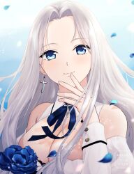Rule 34 | 1girl, azur lane, bare shoulders, blue background, blue eyes, blue flower, blue rose, breasts, cleavage, closed mouth, clothing cutout, commentary request, cross, cross earrings, dress, earrings, flower, hand up, highres, jewelry, large breasts, long hair, long sleeves, looking at viewer, low neckline, parted bangs, perl (perl oekaki), rose, shoulder cutout, smile, solo, upper body, very long hair, white dress, white hair, yorktown (azur lane), yorktown ii (azur lane)
