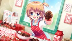 Rule 34 | 1girl, ahoge, apron, baking, blue eyes, blue sailor collar, blue skirt, blue sky, blurry, blurry background, candy, chocolate, chocolate bar, chocolate on face, day, dot nose, drawing (object), dutch angle, film grain, food, food on face, fruit, game cg, hair ornament, hairclip, holding, holding food, holding fruit, icing, incoming food, indoors, izumi tsubasu, lens flare, long sleeves, looking at viewer, milk carton, mixing bowl, non-web source, official art, one side up, open magazine, open mouth, orange hair, polka dot, polka dot apron, re:stage!, recipe (object), red apron, sailor collar, school uniform, shikimiya mana, short hair, skirt, sky, smile, solo, sparkle, spatula, strawberry, toothpick, window