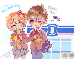 Rule 34 | 1boy, 1girl, ;q, bag, blazer, blue eyes, blue skirt, blush, bow, brown hair, charm (object), chicken print, coin purse, commentary, doki doki literature club, english text, engrish text, food, hair bow, hair ornament, jacket, light blush, lowres, necktie, one eye closed, orange vest, pink hair, popsicle, protagonist (doki doki literature club), ranguage, red bow, red necktie, red ribbon, ribbon, sayori (doki doki literature club), school bag, school uniform, simple background, skirt, smile, sora (efr), speech bubble, storefront, tongue, tongue out, vest, watermark