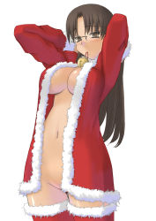 Rule 34 | 1girl, adjusting hair, arms up, bell, belly, bottomless, breasts, brown eyes, brown hair, censored, christmas, convenient censoring, glasses, highres, hoshina tomoko, long hair, mouth hold, navel, no bra, no panties, open clothes, santa costume, solo, thighhighs, to heart, to heart (series), tsuina
