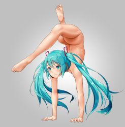Rule 34 | 1girl, aqua eyes, aqua hair, ass, closed mouth, commentary request, completely nude, feet, flexible, full body, gradient background, grey background, gymnastics, hatsune miku, head tilt, imao, long hair, median furrow, microphone, nude, sidelocks, simple background, soles, solo, thighs, toes, twintails, vocaloid