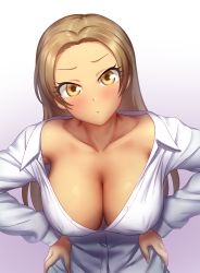 Rule 34 | 1girl, armpit peek, blush, breasts, brown eyes, brown hair, cleavage, collarbone, collared shirt, covered erect nipples, downblouse, dress shirt, gradient background, greenteamousou, hands on own hips, head tilt, highres, idolmaster, idolmaster cinderella girls, large breasts, leaning forward, long hair, looking at viewer, matsunaga ryo, no bra, off shoulder, parted bangs, shirt, solo, upper body, white shirt