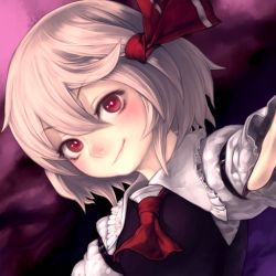 Rule 34 | 1girl, ascot, blonde hair, bow, closed mouth, darkness, envenomist (gengoroumaru), eyebrows, fingernails, flat chest, hair between eyes, hair bow, hair ribbon, long sleeves, looking at viewer, outstretched arms, red bow, red eyes, ribbon, rumia, sharp fingernails, shirt, short hair, smile, smirk, solo, spread arms, touhou, upper body