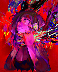 Rule 34 | 1girl, abstract, artist self-insert, asphyxiation, aurahack, breasts, brown hair, catherine (aurahack), cleavage, commentary, crying, crying with eyes open, disembodied limb, english commentary, hair over one eye, highres, large breasts, original, red background, short hair, solo focus, strangling, struggling, tearing up, tears, twitter