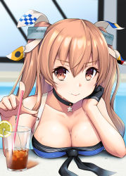 Rule 34 | 1girl, black choker, black gloves, blue one-piece swimsuit, breast rest, breasts, brown eyes, choker, cleavage, drink, gloves, hair ornament, hair ribbon, highres, indoors, johnston (kancolle), kantai collection, kodama (mmt uf), light brown hair, long hair, looking at viewer, medium breasts, one-piece swimsuit, rei no pool, ribbon, single glove, solo, swimsuit, two side up, upper body