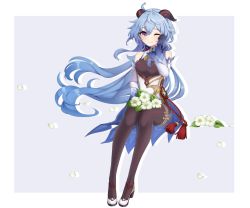 Rule 34 | ahoge, bare shoulders, bell, black gloves, black legwear, blue hair, blush, breasts, chinese knot, detached sleeves, flower, flower knot, full body, ganyu (genshin impact), genshin impact, gloves, gold trim, hand on own cheek, hand on own face, high heels, highres, holding, holding flower, horns, long hair, looking at viewer, medium breasts, neck bell, one eye closed, petals, purple eyes, qingxin flower, sidelocks, sitting, smile, solo, syuya 2, tassel, thighlet, very long hair, vision (genshin impact), white flower, white sleeves